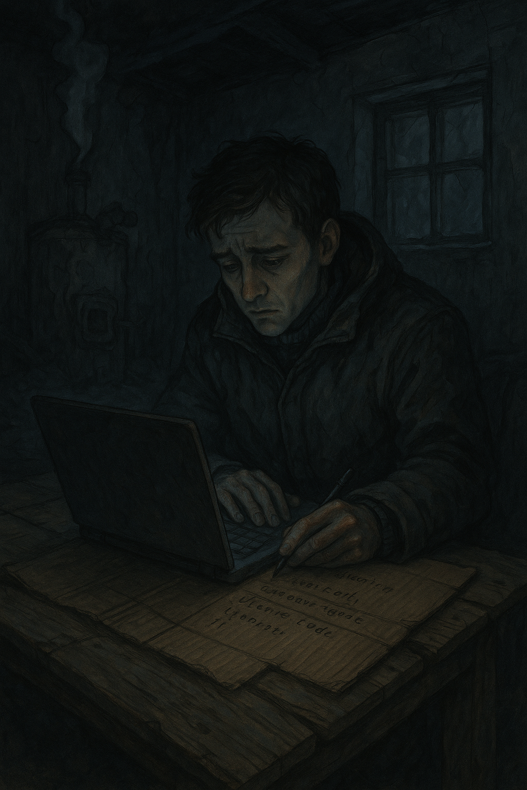 Balazs coding beside a kerosene lamp, 2008